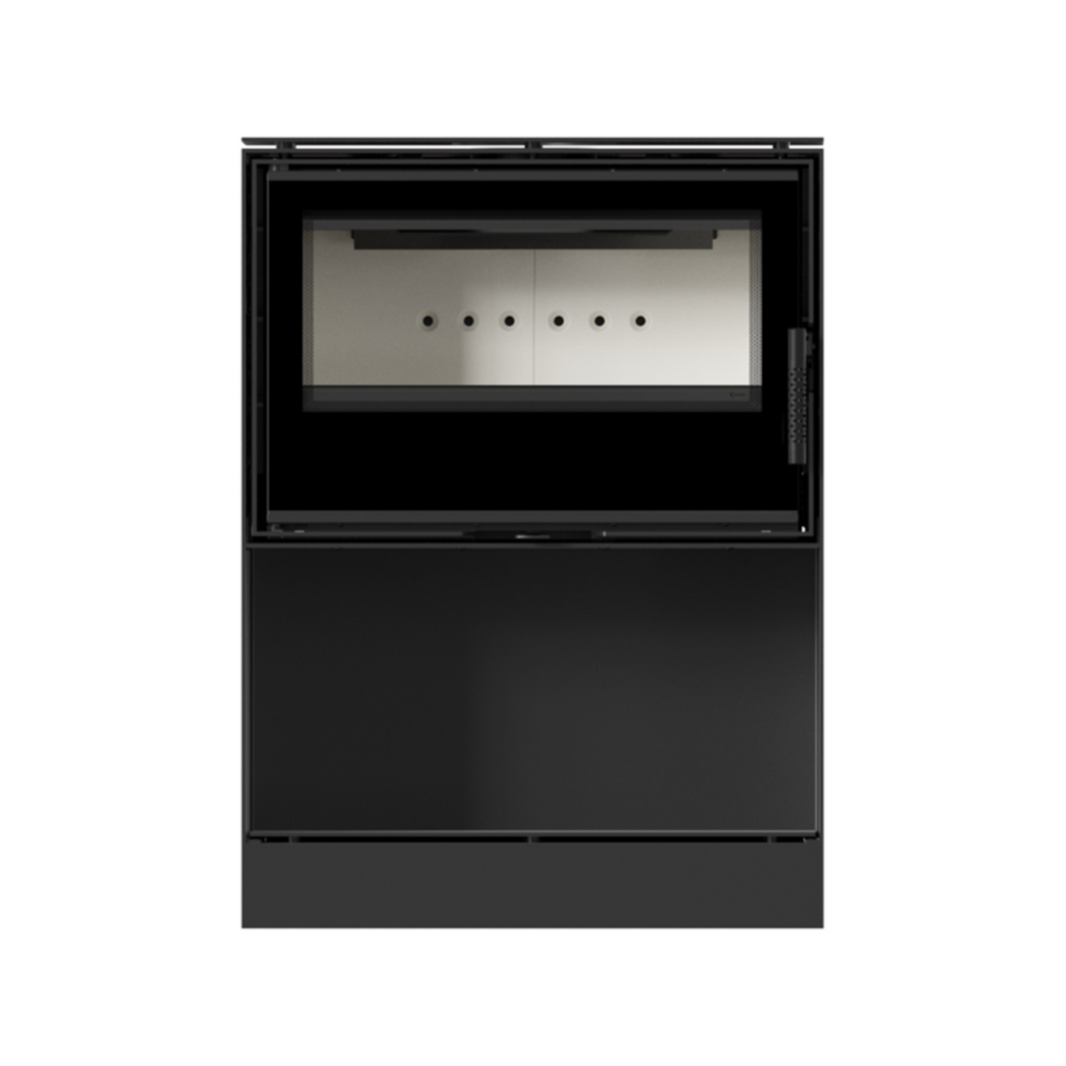 Fristående produktbild av Kratki Kari 70 W vattenmantlad braskamin fotograferad rakt framifrån med insyn till brännkammaren.