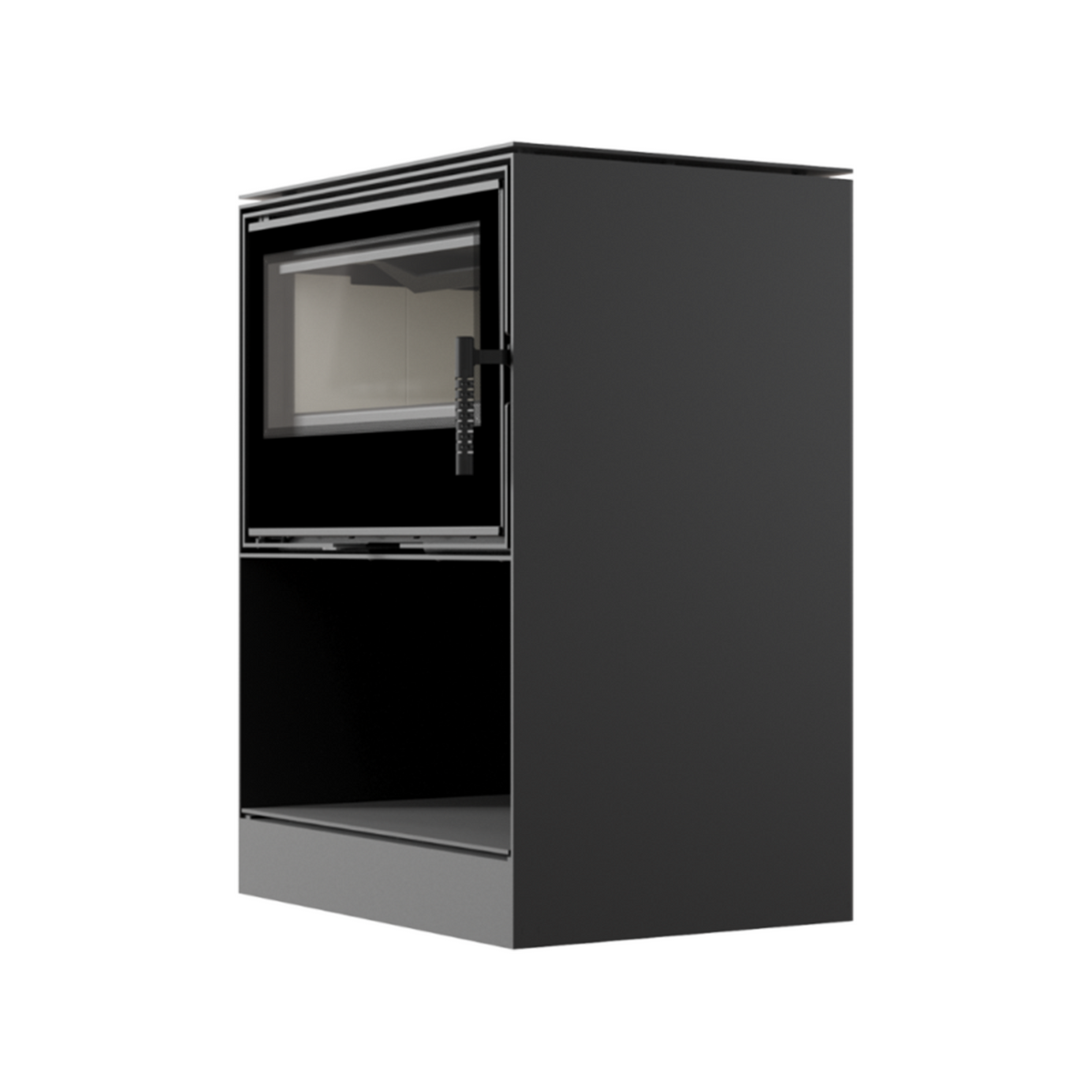 Halvprofil från vänster av den vattenmantlade kaminen Kratki Kari 70 W i stilren svart design[cite: 50].