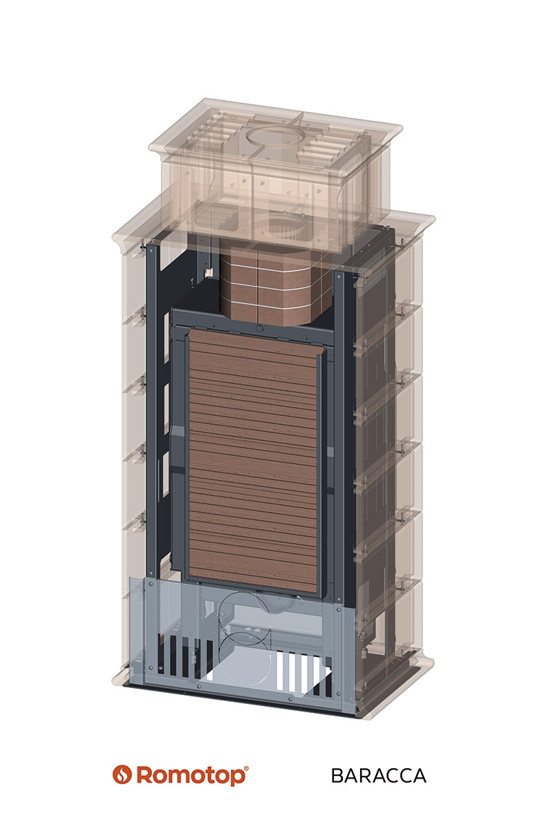 Genomskärningsbild som visar den inre konstruktionen och ackumuleringsmodulen i Romotop Baracca 11 H.