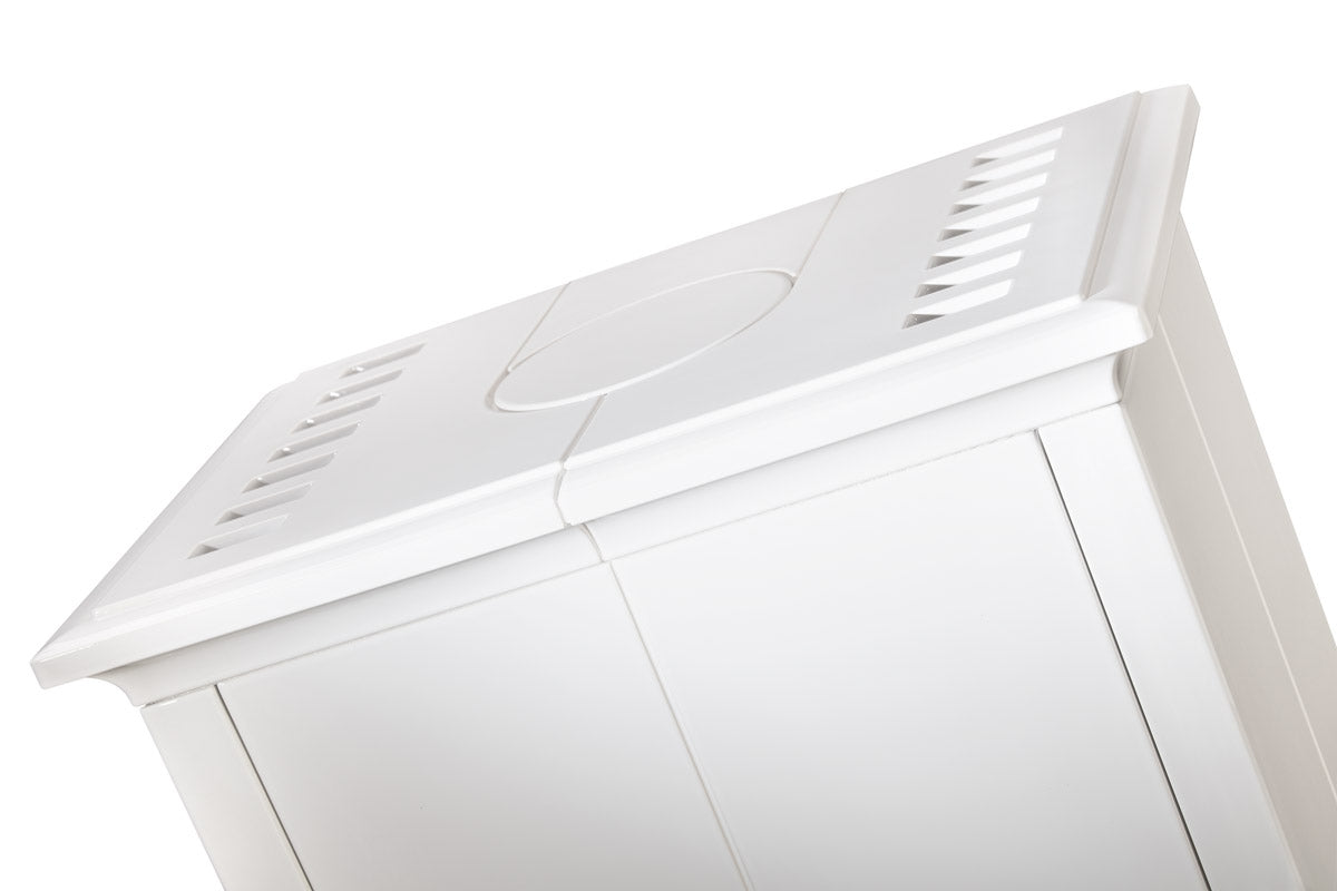 Närbild från ovan på den vita keramiska toppskivan med ventilationsöppningar på Romotop Gremio 5.