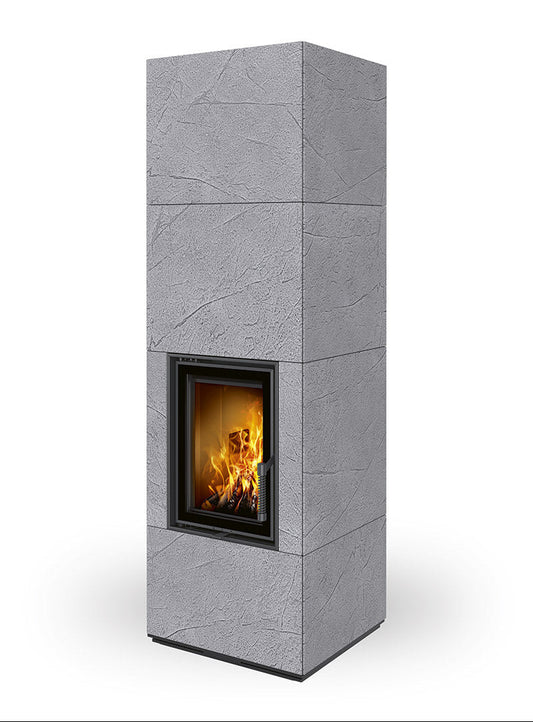 Romotop Nordac 60 Thermaline braskamin i ljusgrå ytfinish med brinnande eld.